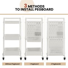 3-Tier Rolling Storage Organizer Cart with Dual DIY Pegboards-White