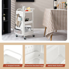3-Tier Rolling Storage Organizer Cart with Dual DIY Pegboards-White