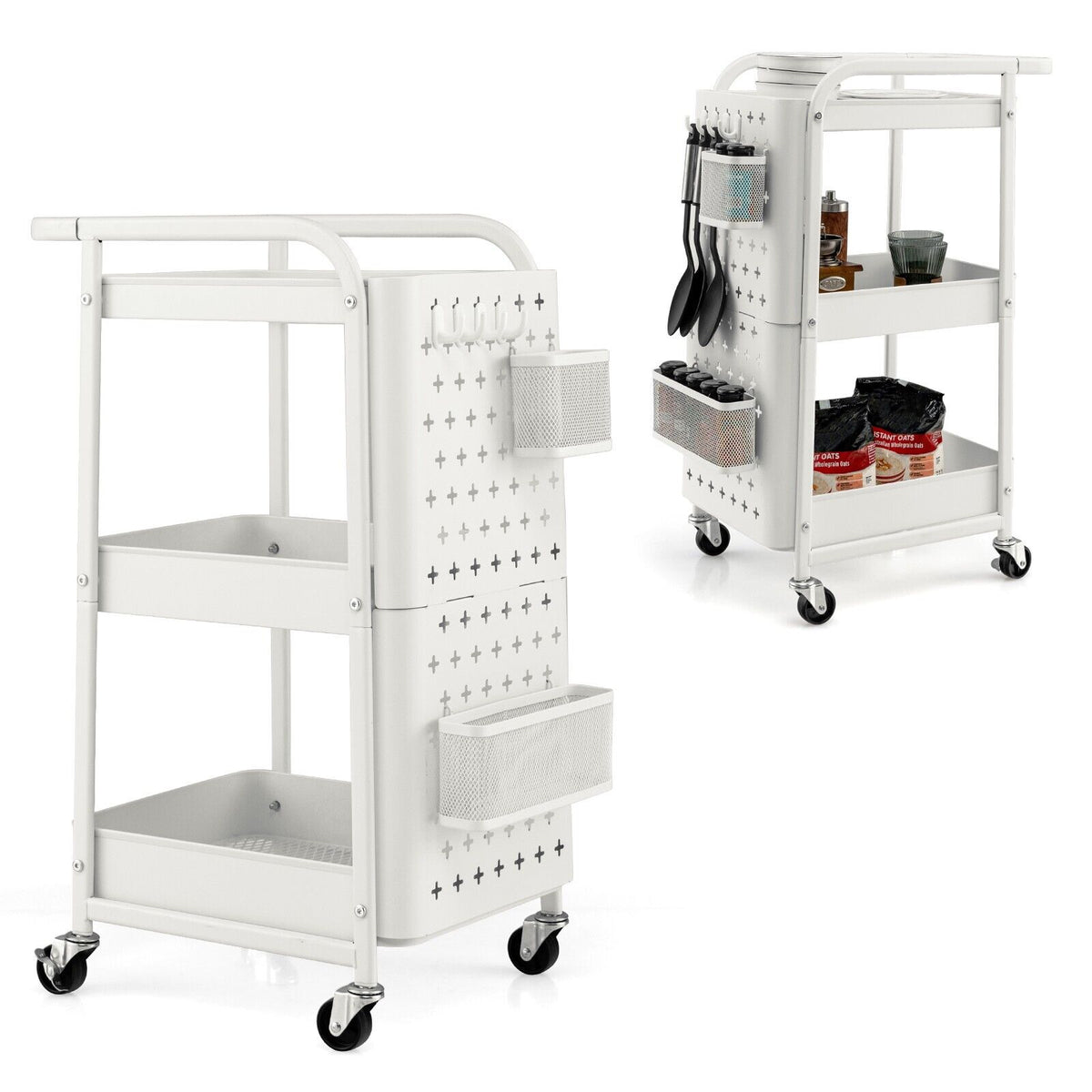 3-Tier Rolling Storage Organizer Cart with Dual DIY Pegboards-White