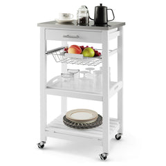 4-Tier Rolling Trolley Cart with Lock Wheels Basket and Drawer-White