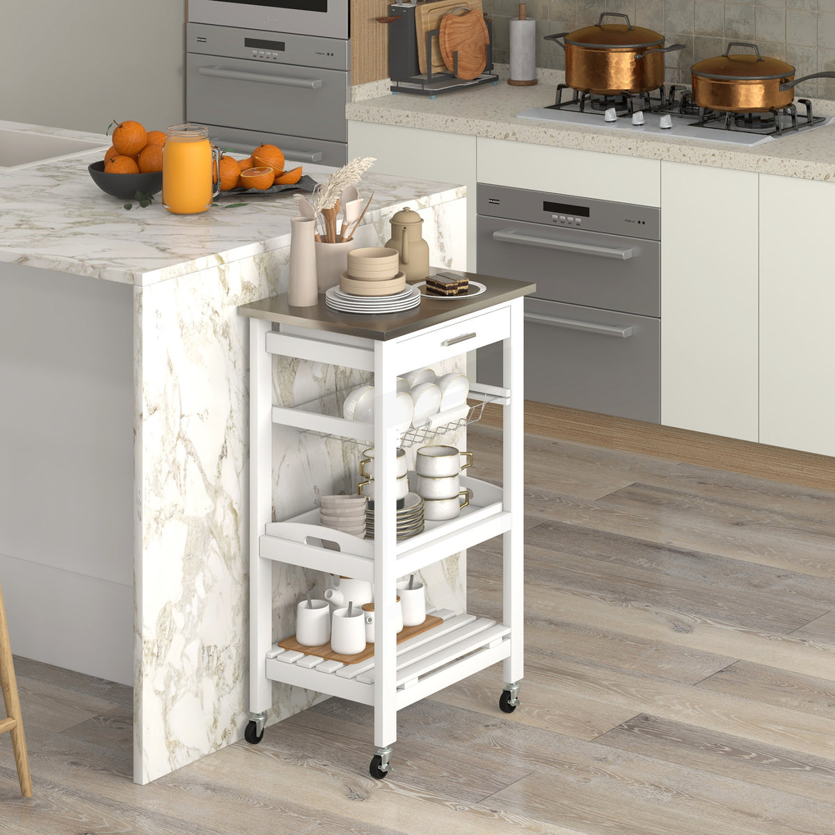 4-Tier Rolling Trolley Cart with Lock Wheels Basket and Drawer-White
