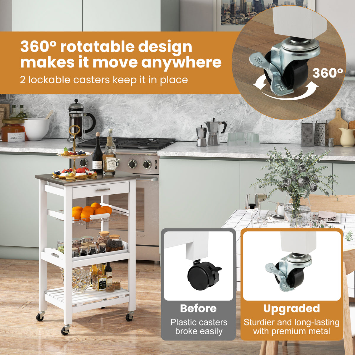 4-Tier Rolling Trolley Cart with Lock Wheels Basket and Drawer-White