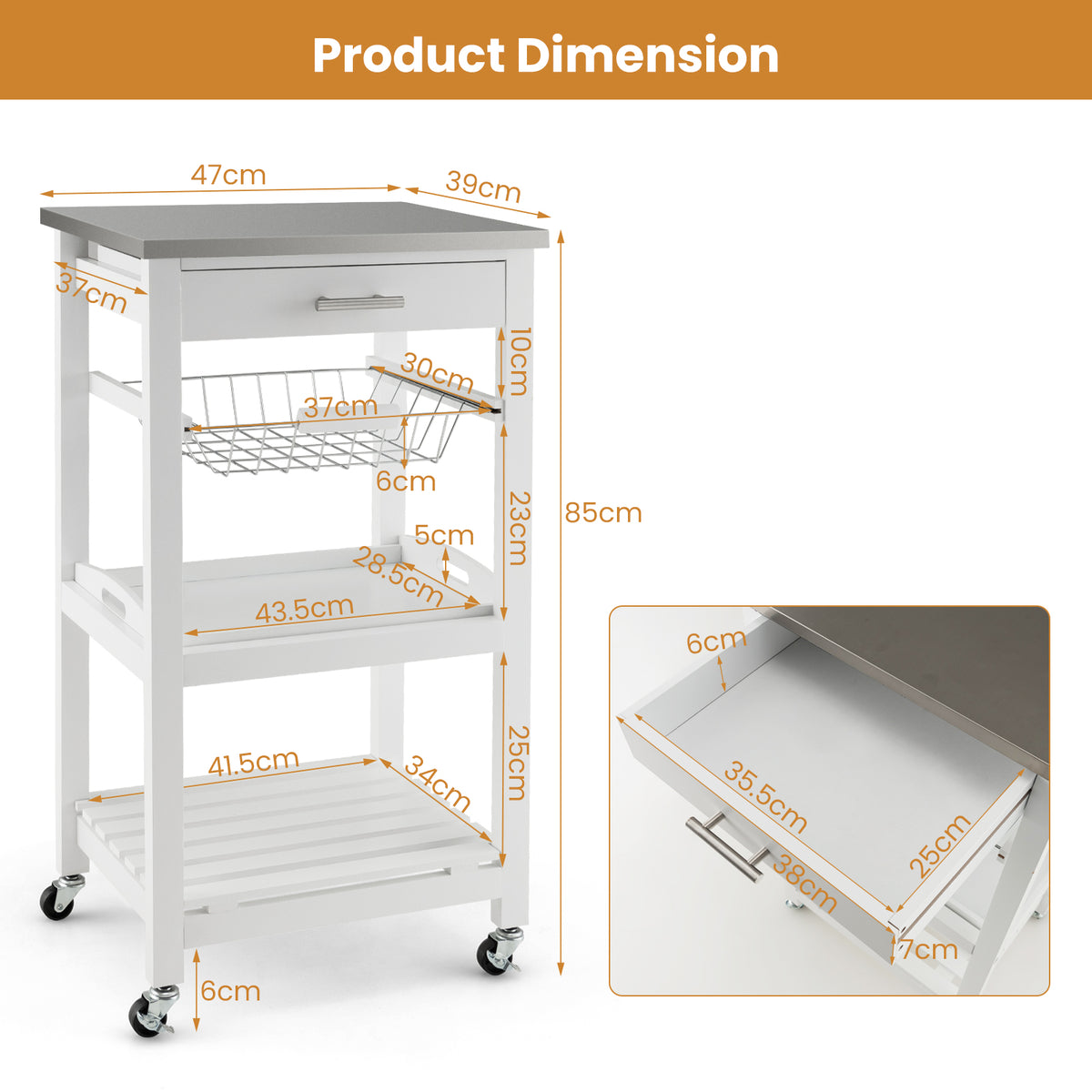 4-Tier Rolling Trolley Cart with Lock Wheels Basket and Drawer-White