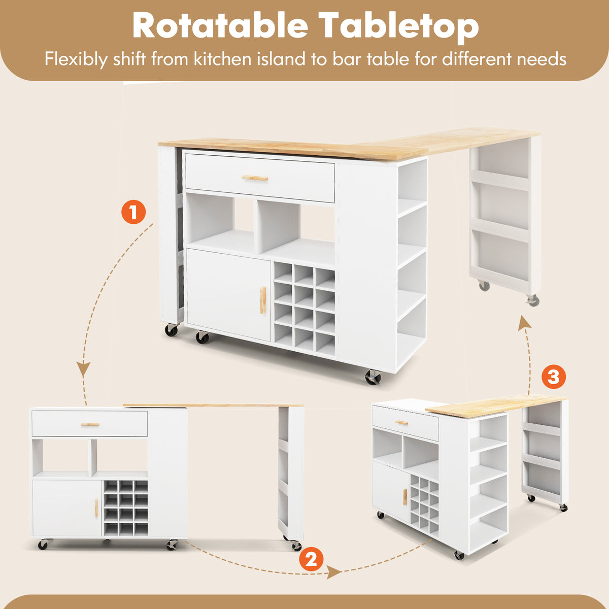 2-in-1 Kitchen Island Cart with Rubber Wood Top-White
