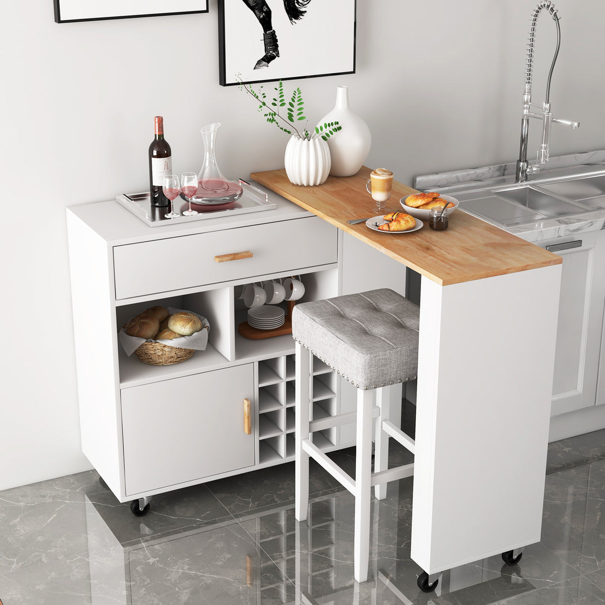 2-in-1 Kitchen Island Cart with Rubber Wood Top-White