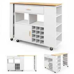 2-in-1 Kitchen Island Cart with Rubber Wood Top-White