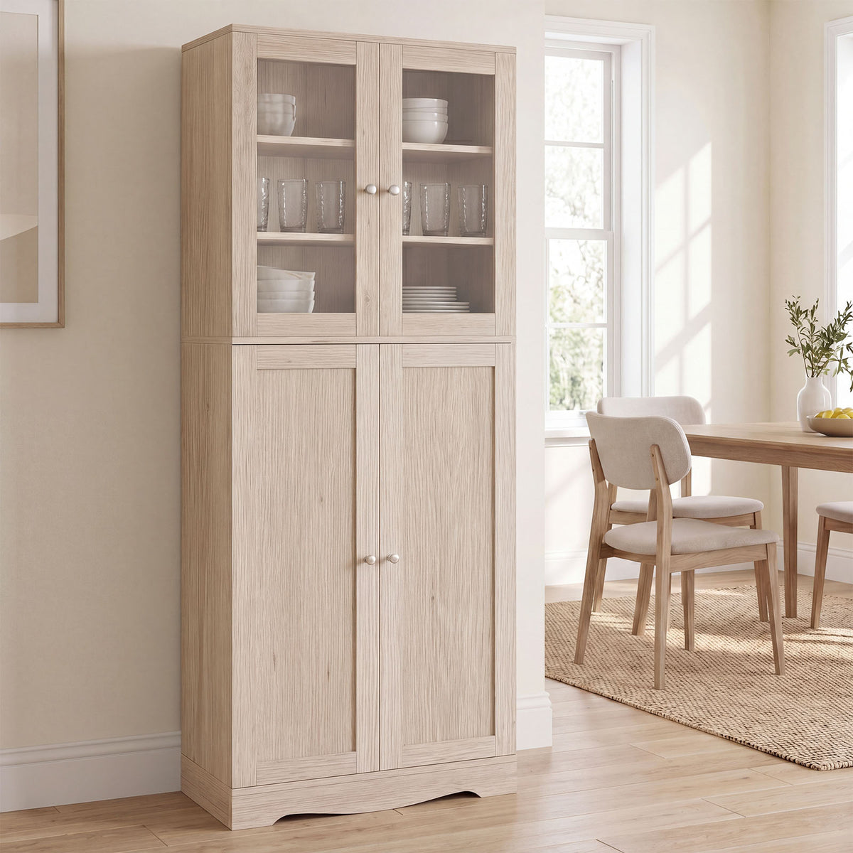 Kitchen Pantry Storage Cabinet with Glass Doors and Storage Shelves-Natrual