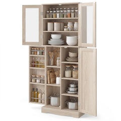 Kitchen Pantry Storage Cabinet with Glass Doors and Storage Shelves-Natrual