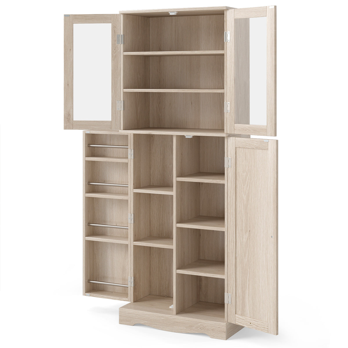 Kitchen Pantry Storage Cabinet with Glass Doors and Storage Shelves-Natrual