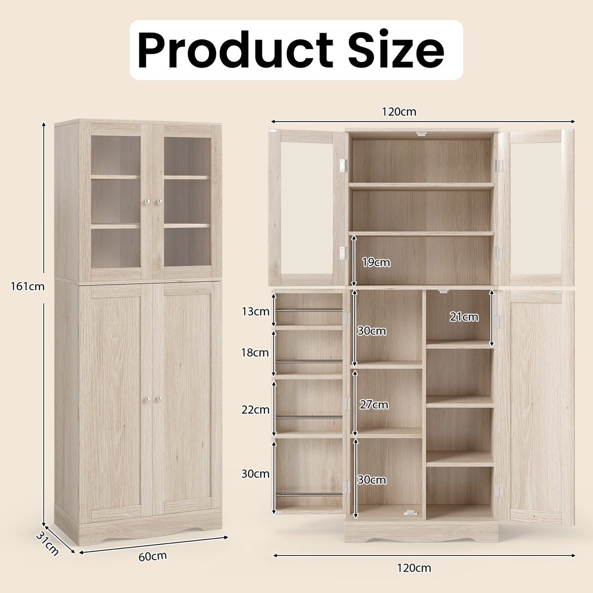 Kitchen Pantry Storage Cabinet with Glass Doors and Storage Shelves-Natrual