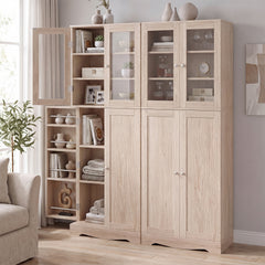 Kitchen Pantry Storage Cabinet with Glass Doors and Storage Shelves-Natrual
