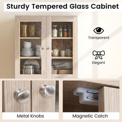 Kitchen Pantry Storage Cabinet with Glass Doors and Storage Shelves-Natrual