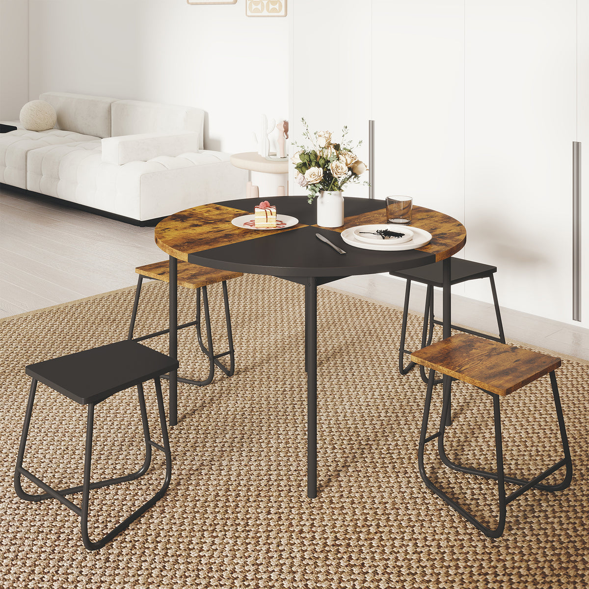 118cm Round Kitchen Table and 4 Stools with Wooden Tabletop-Rustic Brown