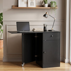Folding Dining Table with Drawer & Storage Cabinet for Dining Room Living Room-Black