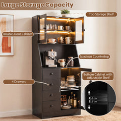 Kitchen Pantry Cabinet with Adjustable LED Lights and Doors-Black