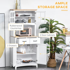 HOMCOM Freestanding Kitchen Cupboard, Kitchen Storage Cabinet with Framed Glass Doors, 2 Drawers, Microwave Counter, 172cm, White