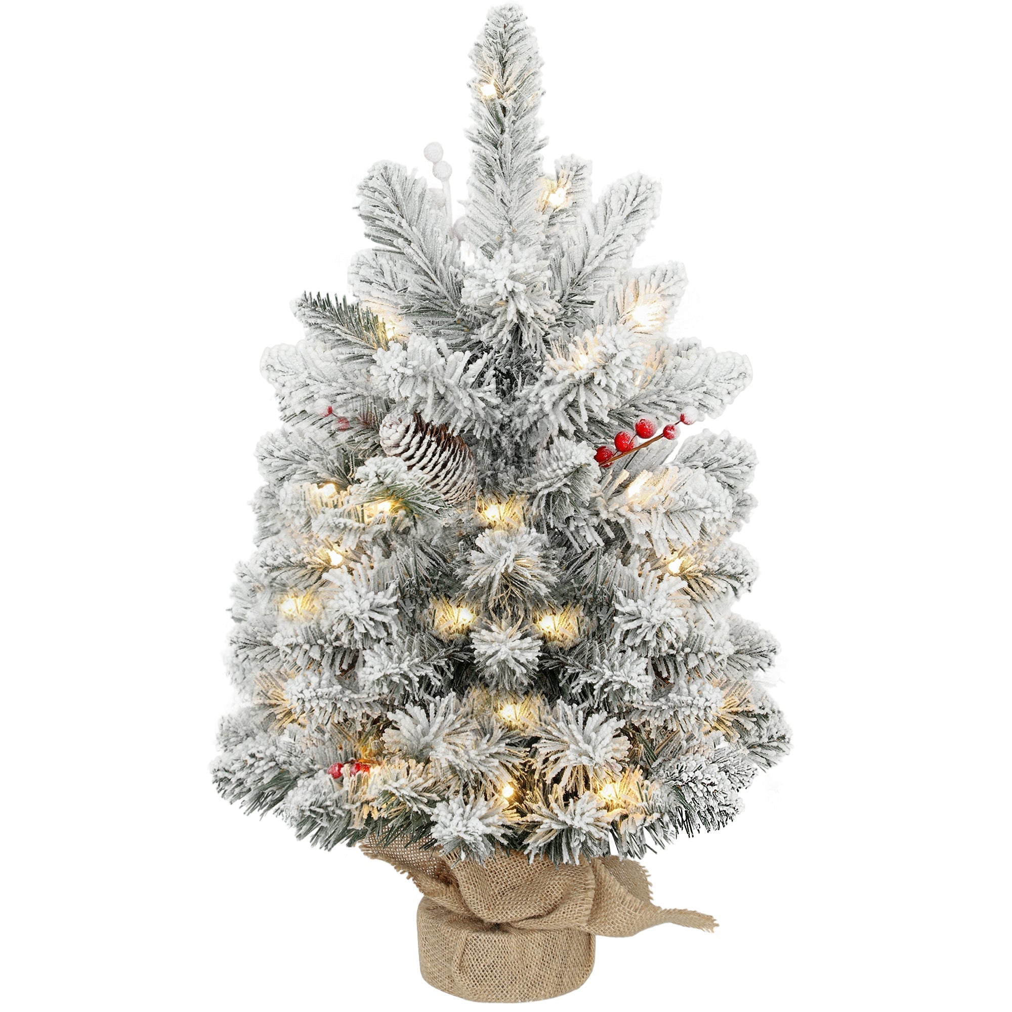 HOMCOM 60 cm Prelit Small Christmas Tree with 35 LED Lights, Snow Flocked Tabletop Mini Xmas Tree with 72 Dense Branches, Pine Cones, Berry Clusters and Linen Cover Base, Battery Operated, Green