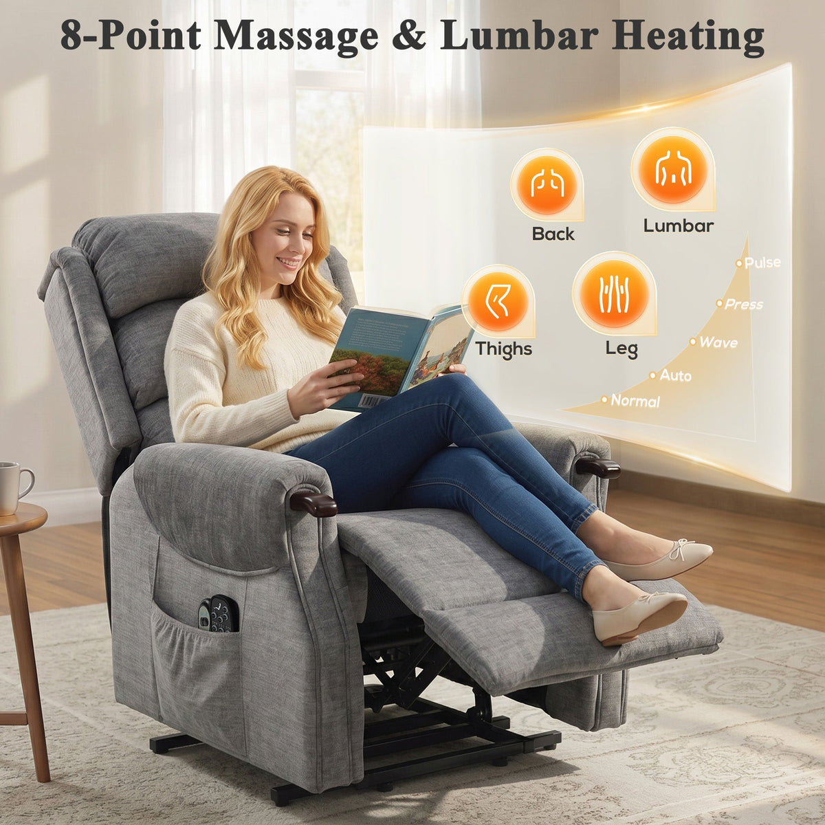 HOMCOM Power Lift Recliner with Vibration Massage and Heat, Lift Chair for Tall with Wood Grip, Pocket Spring, Light Grey