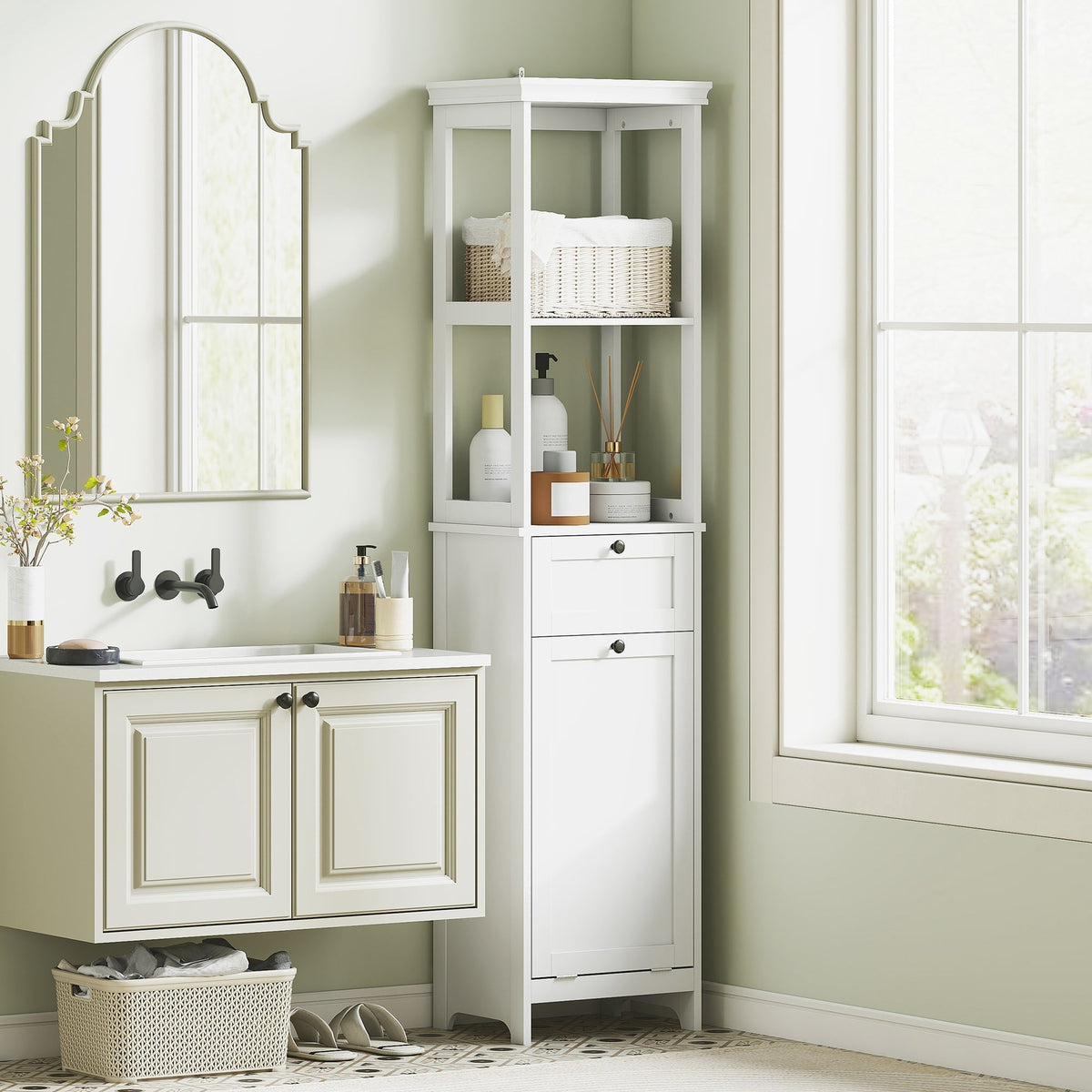 HOMCOM Tall Bathroom Cabinet, with Laundry Basket - White