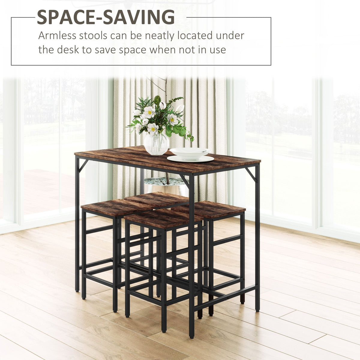 HOMCOM 5-Piece Breakfast Bar Table and Stools Set, Kitchen Bar Table Set with High Table and 4 Stools, Space Saving Compact Dining Furniture for Small Spaces, Rustic Brown