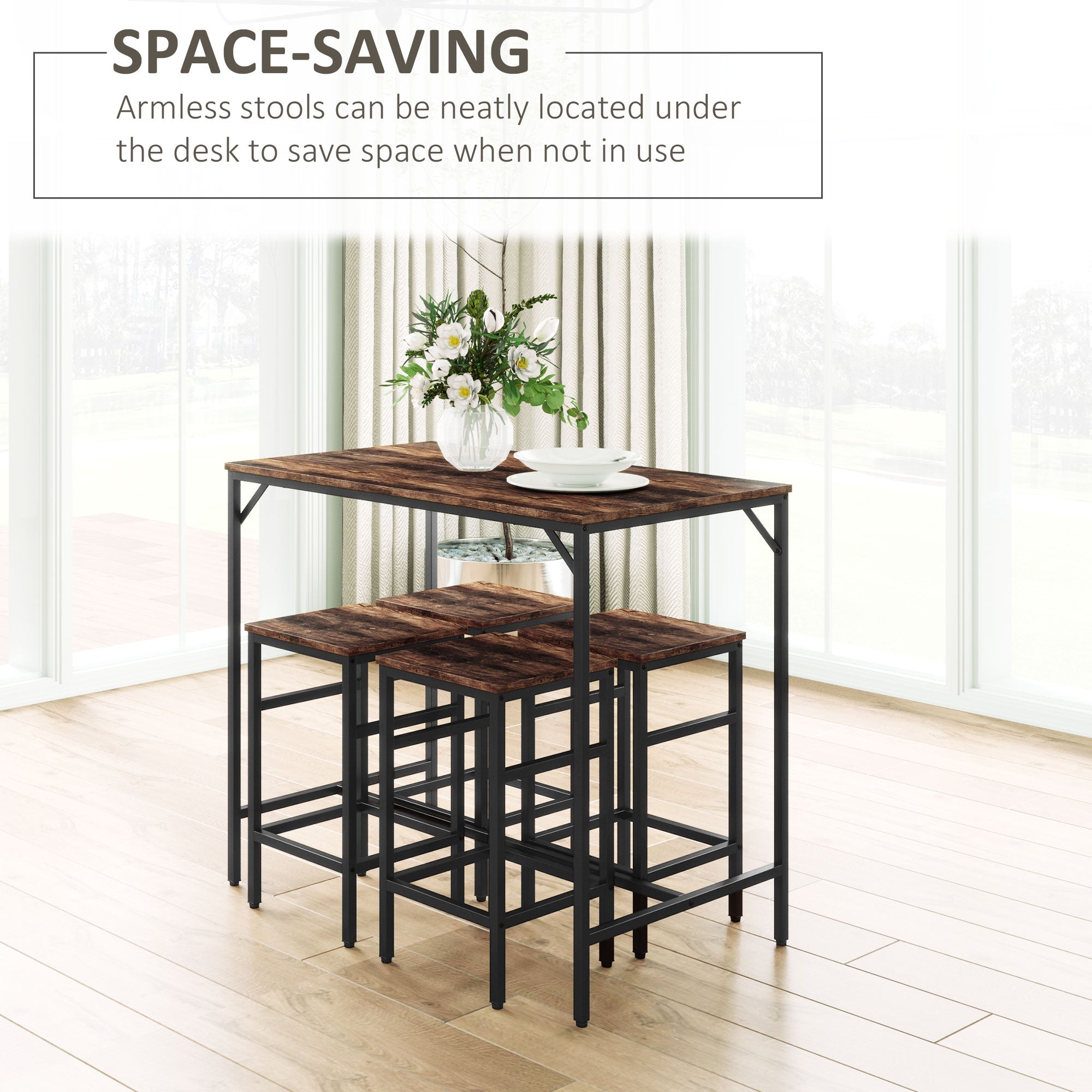 HOMCOM 5-Piece Breakfast Bar Table and Stools Set, Kitchen Bar Table Set with High Table and 4 Stools, Space Saving Compact Dining Furniture for Small Spaces, Rustic Brown
