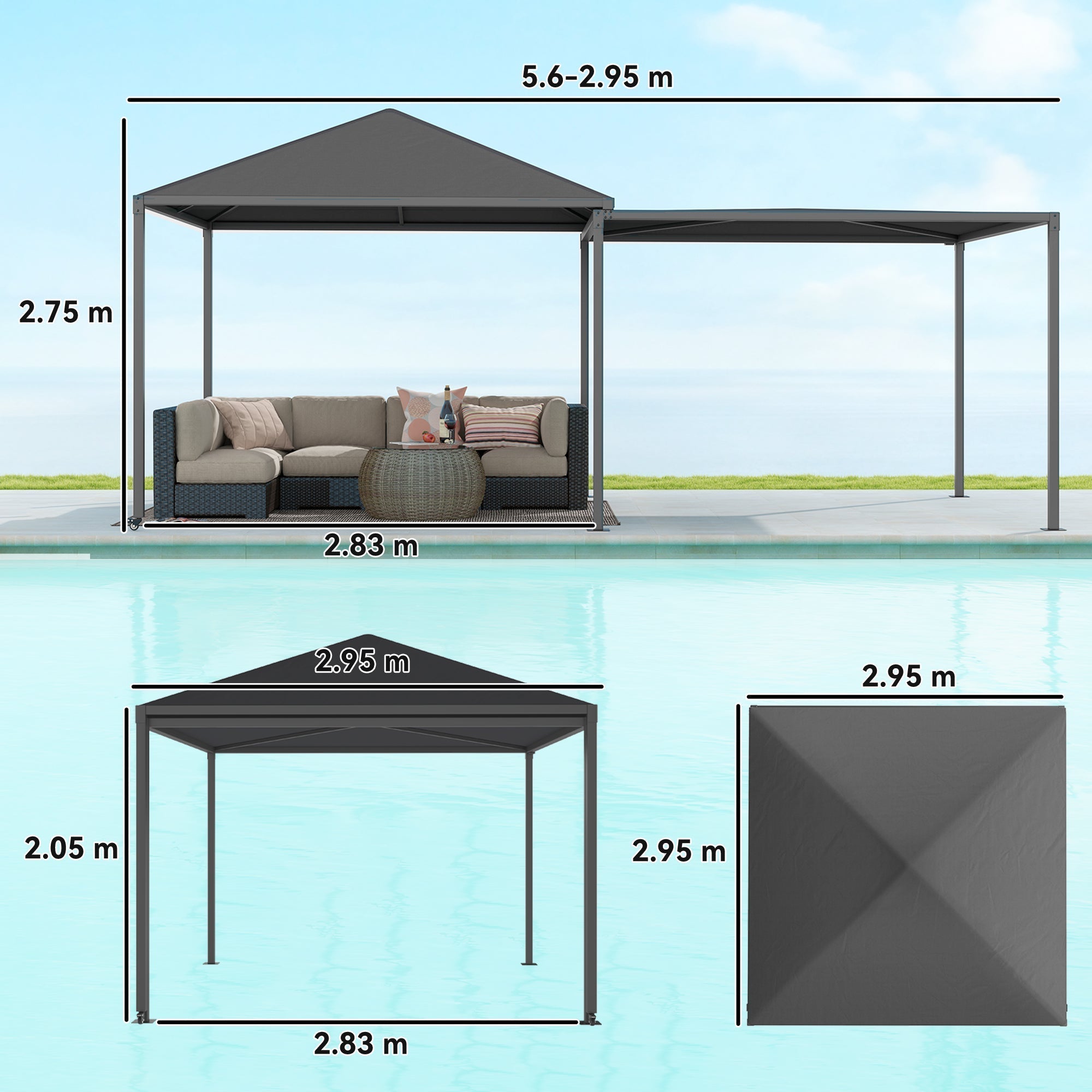 Outsunny 3 x 6m Garden Gazebo with Extendable Awning and Wheels,√Ç UPF30+ Outdoor√Ç Metal Gazebo√Ç Canopy√Ç Shelter√Ç for BBQ, Event, Party