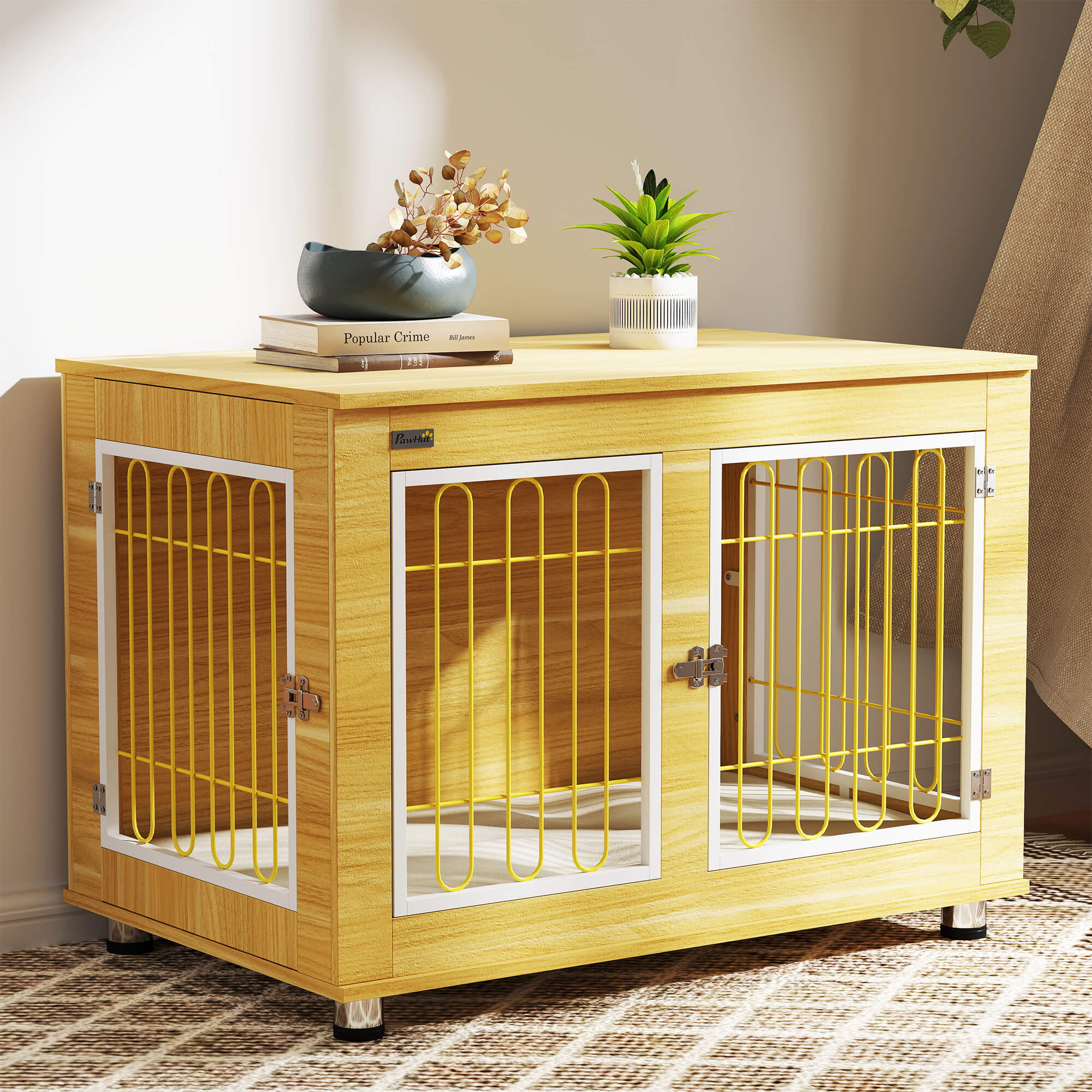 PawHut Dog Crate Furniture, Dog Cage End Table. with Soft Cushion, Double Door - Oak Tone