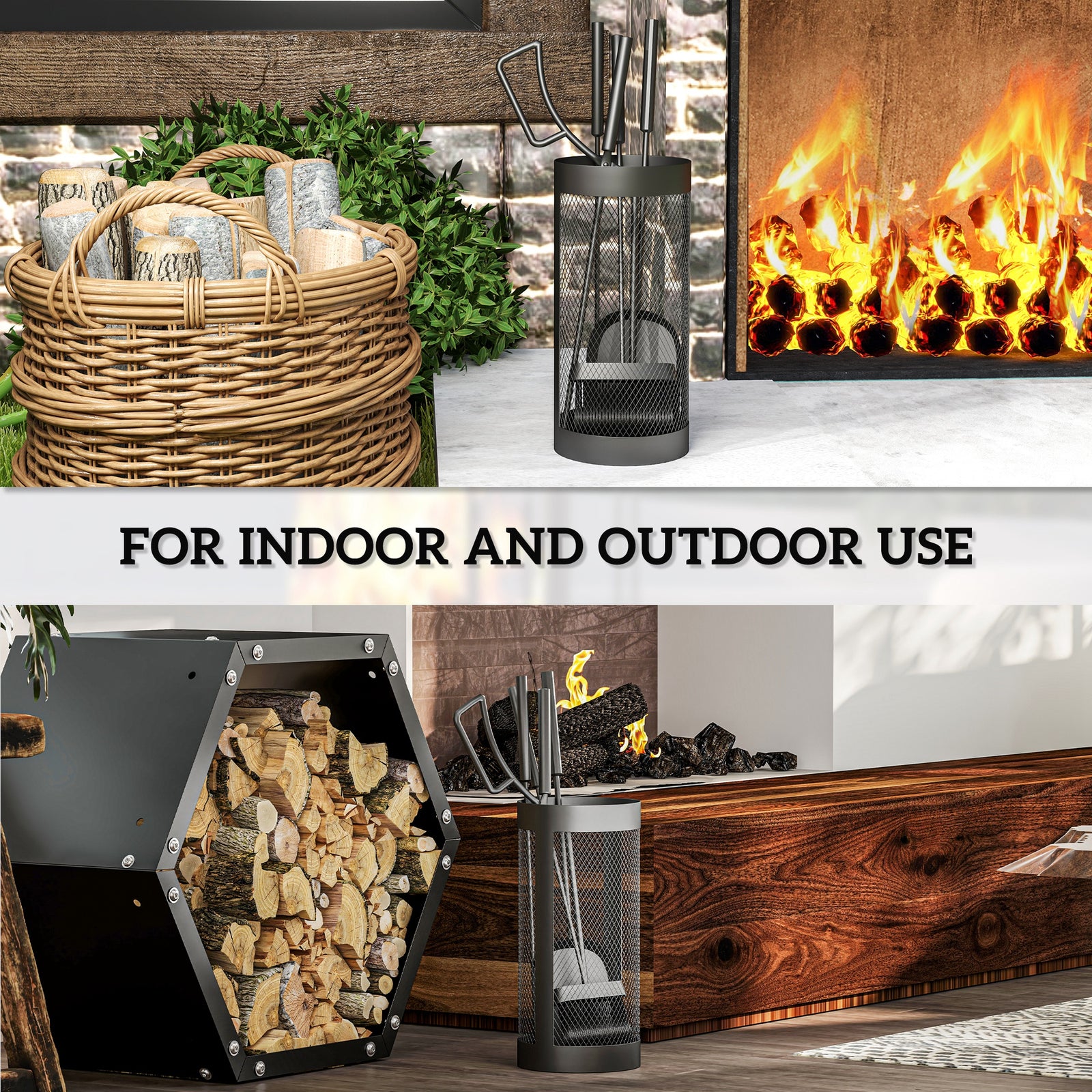 Outsunny 5-Piece Fireplace Tools Set with Mesh Basket, Indoor Outdoor Fireside Accessories for Fireplaces, Fire Pits, Black