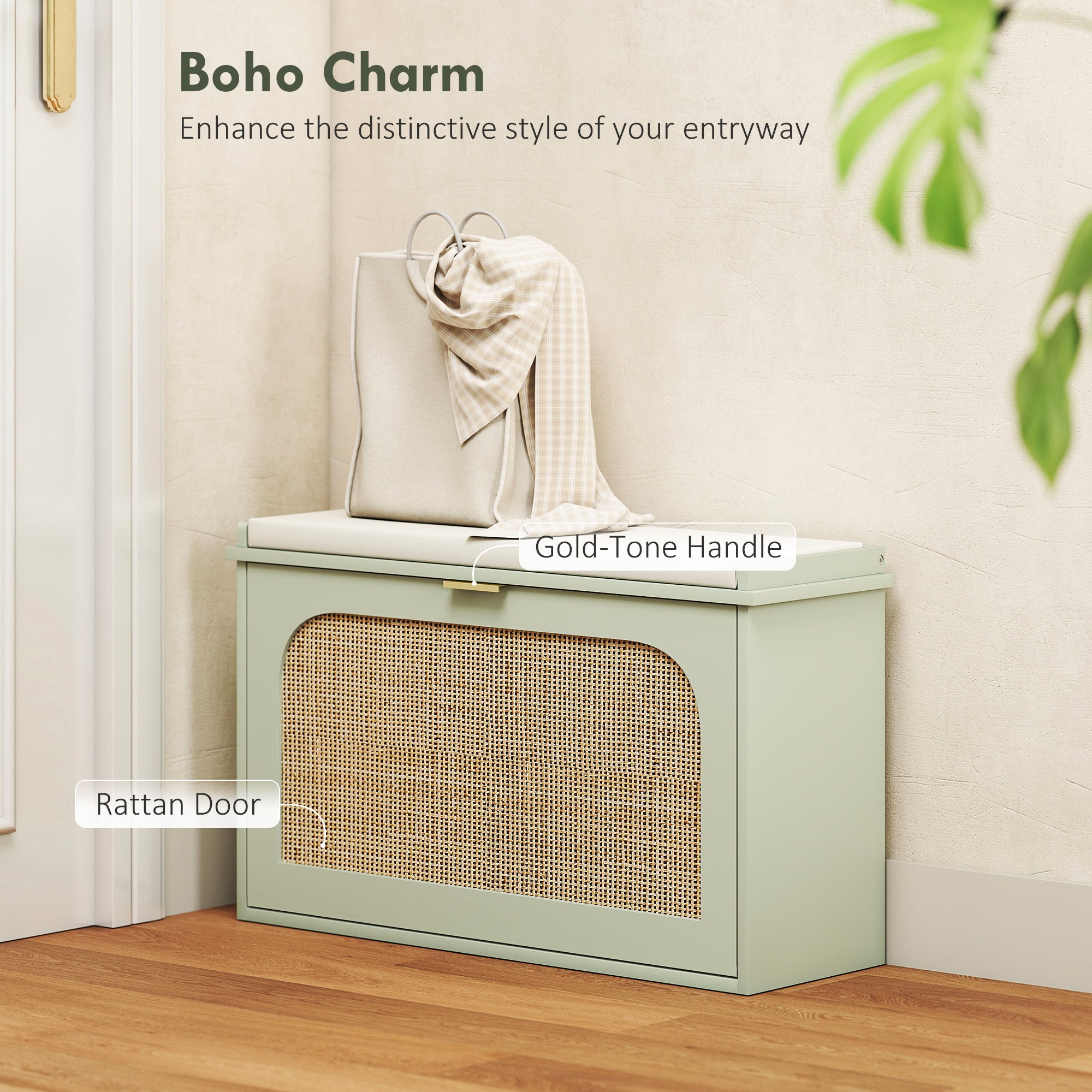 HOMCOM Boho Shoe Bench with Padded Seat and Flip-Drawer - Light Green