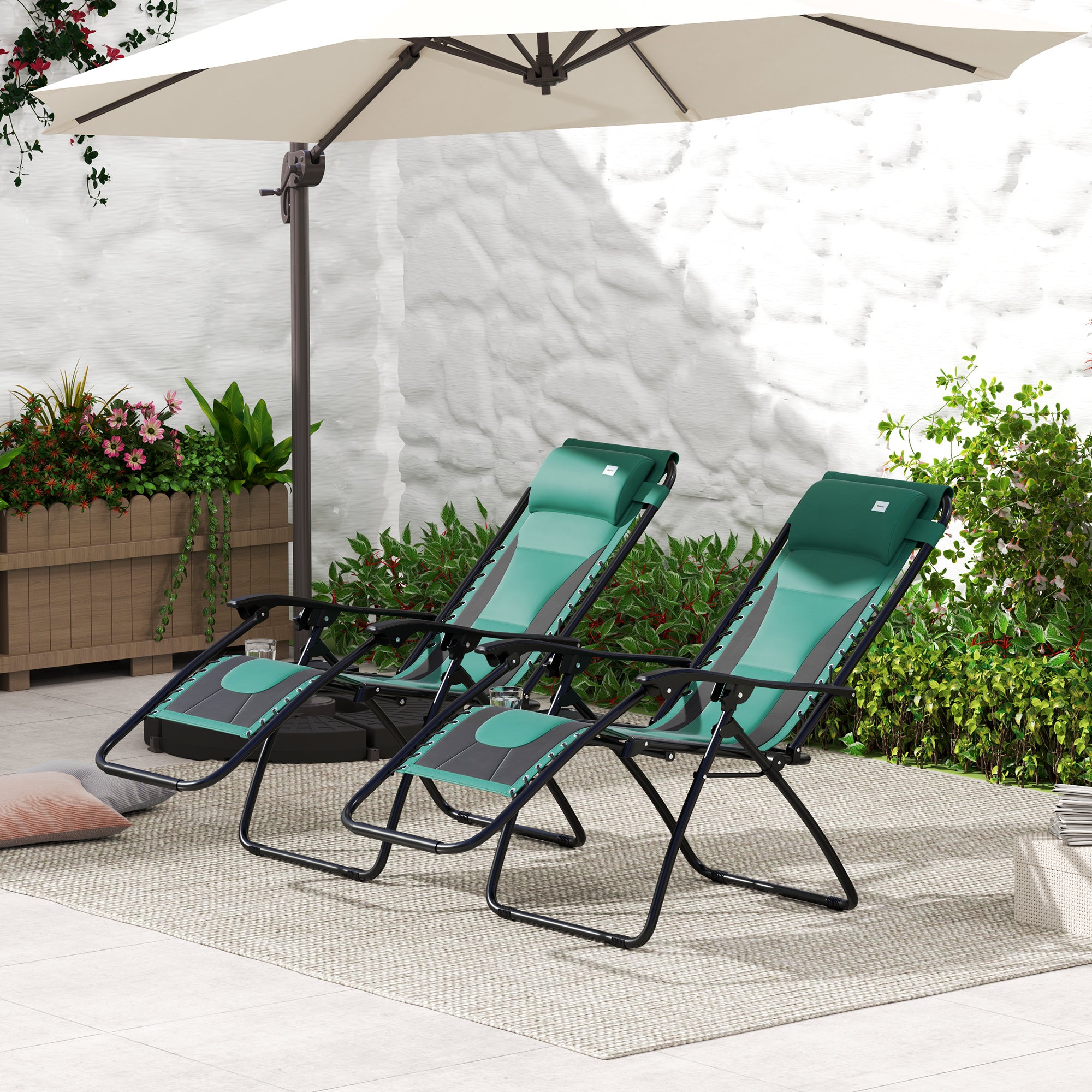 Outsunny Zero Gravity Lounger Chair Set of 2, Folding Reclining Patio Chair with Padded Seat, Cup Holder, Soft Cushion and Headrest for Poolside, Camping, Green
