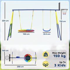 AIYAPLAY 4-in-1 Kids Swing Set with Saucer Swing, Basketball Hoop and Football Goal, Outdoor Playground Playset for Garden