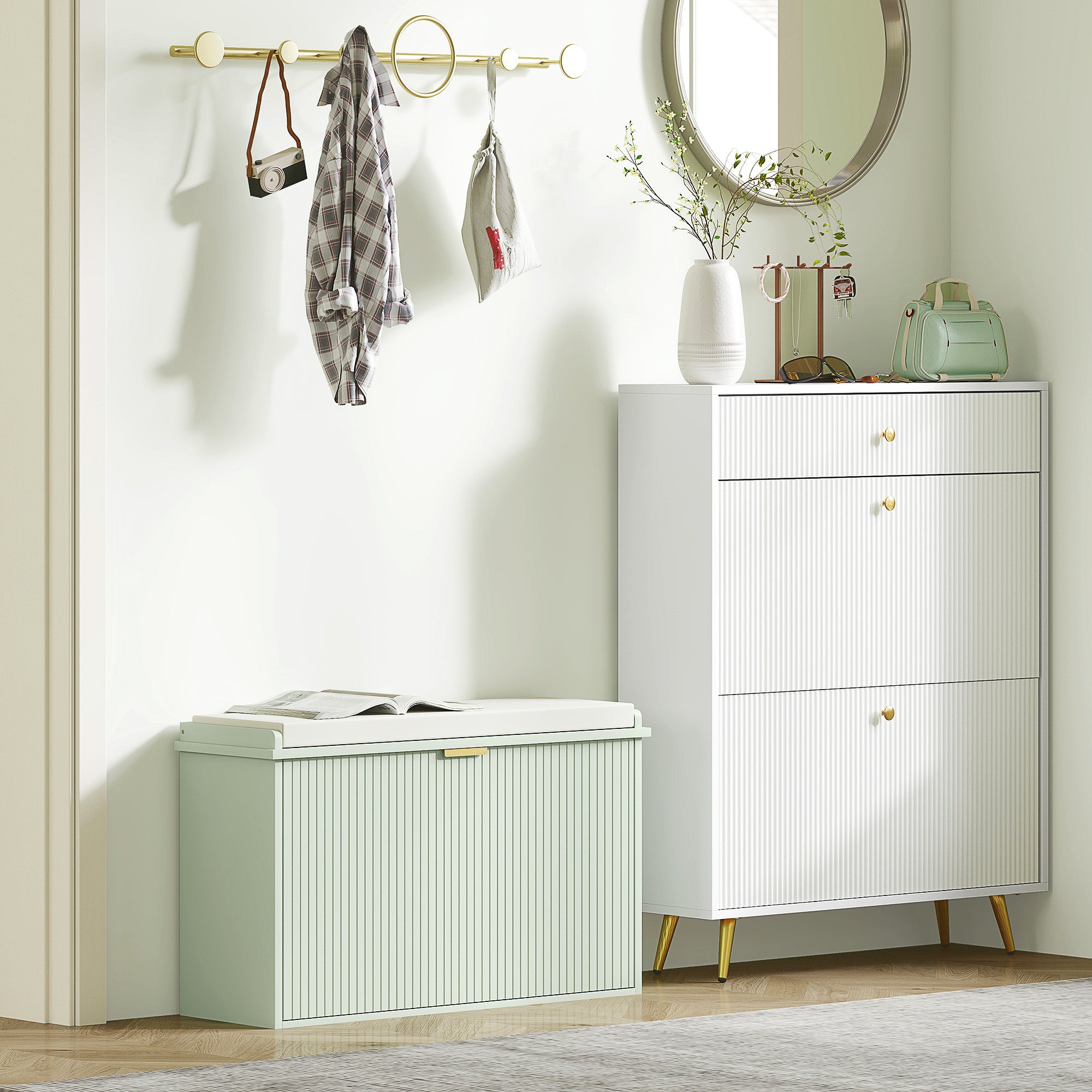 HOMCOM Elegant Eight Shoe Bench, with Top Seat - Green