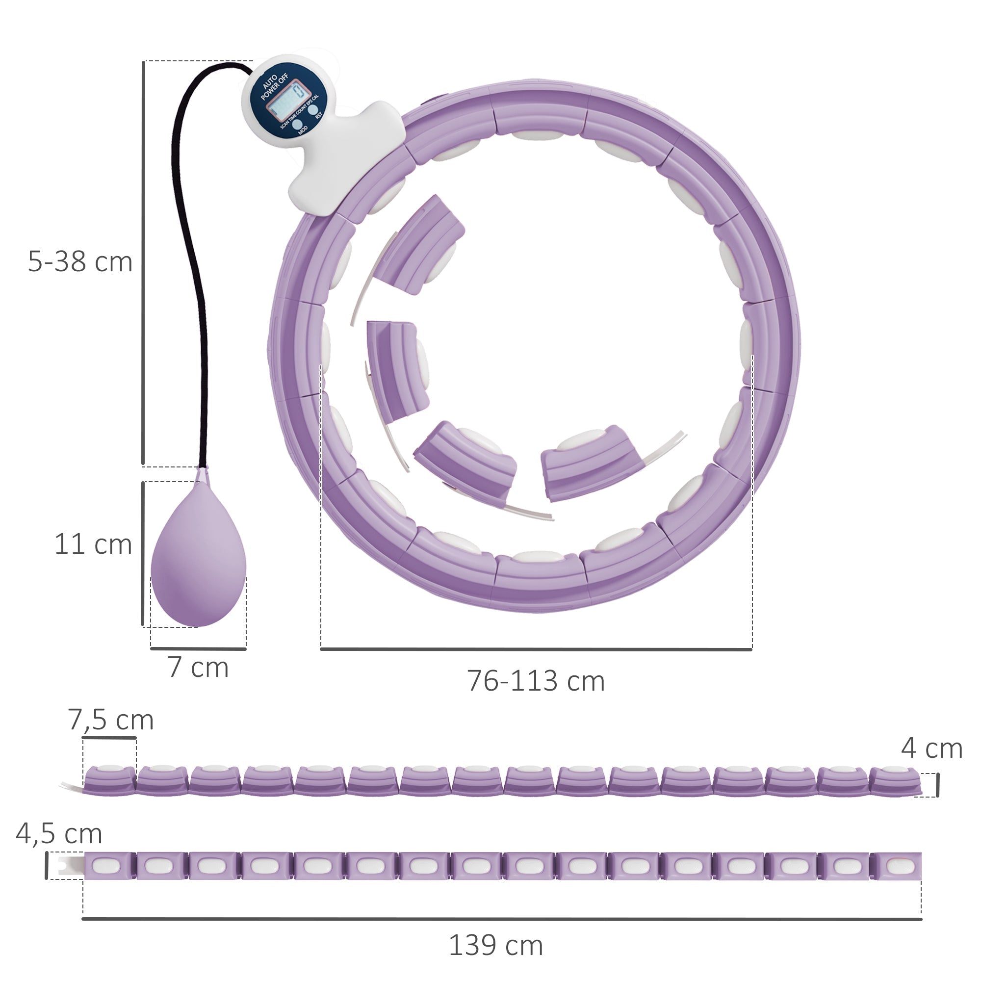 SPORTNOW Smart Weighted Hula Hoop, Massage Hula Ring w/ 16 Detachable Knots, 360 Auto-Rotating Ball, Digital Counter, Purple