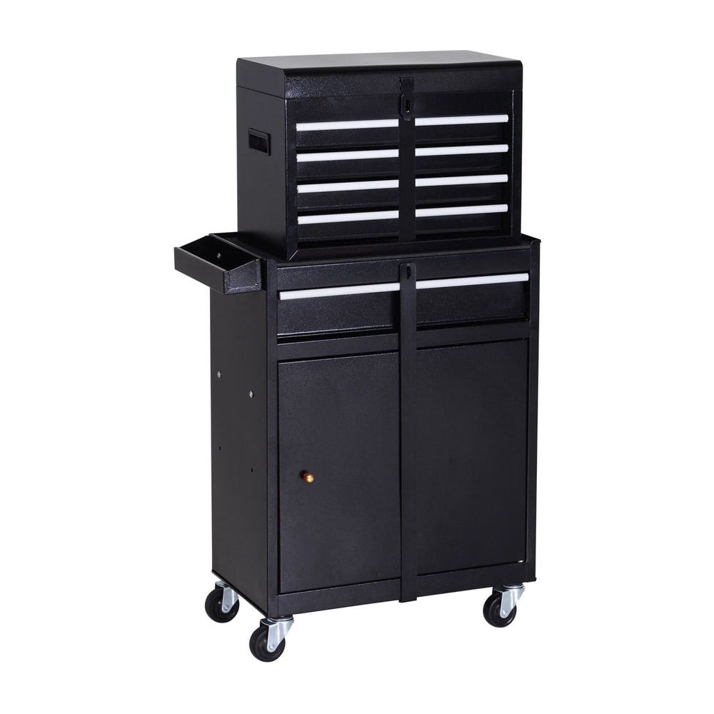 DURHAND Tool Chest 2 in 1 Metal Tool Cabinet Storage Box with 5 Drawers Pegboard Wheels 60x28x104.5cm Black