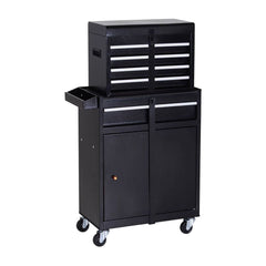DURHAND Tool Chest 2 in 1 Metal Tool Cabinet Storage Box with 5 Drawers Pegboard Wheels 60x28x104.5cm Black
