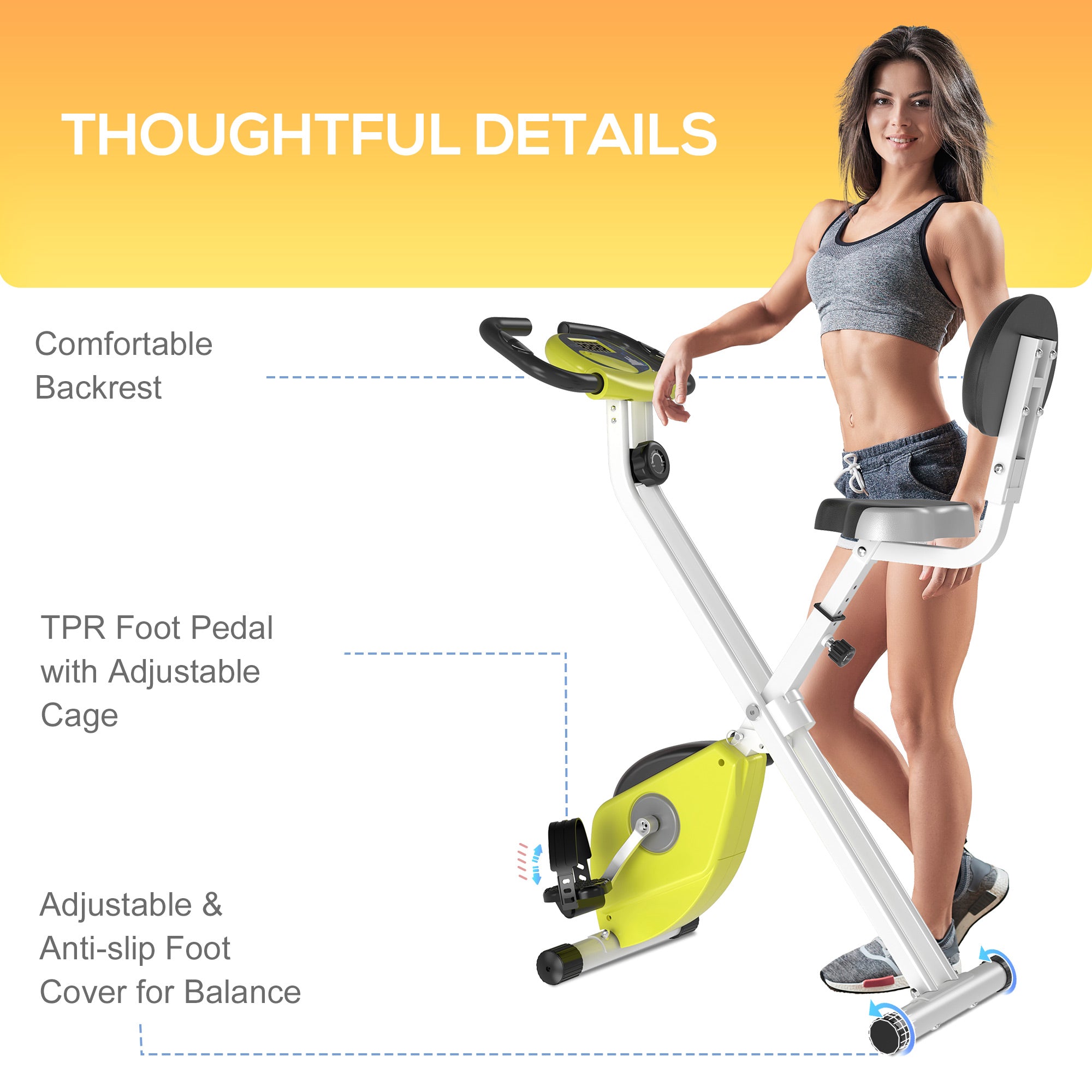 HOMCOM Folding Exercise Bike, Fitness Bicycle Indoor Trainer, 8-Level Magnetic Resistance Adjustable, with LCD Monitor, Pulse Sensor, Yellow