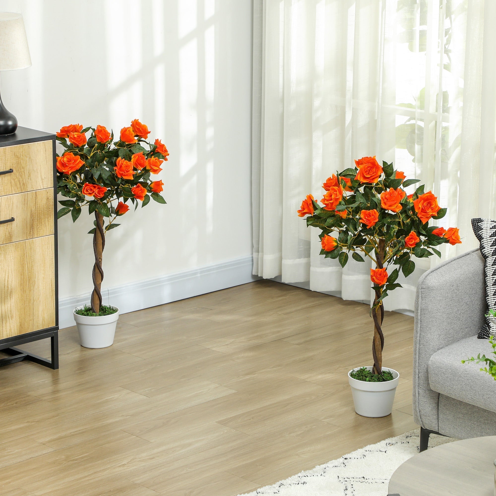 Outsunny Set of 2 Artificial Plants White Rose Floral in Pot, Fake Plants for Home Indoor Decor, 90cm, Orange