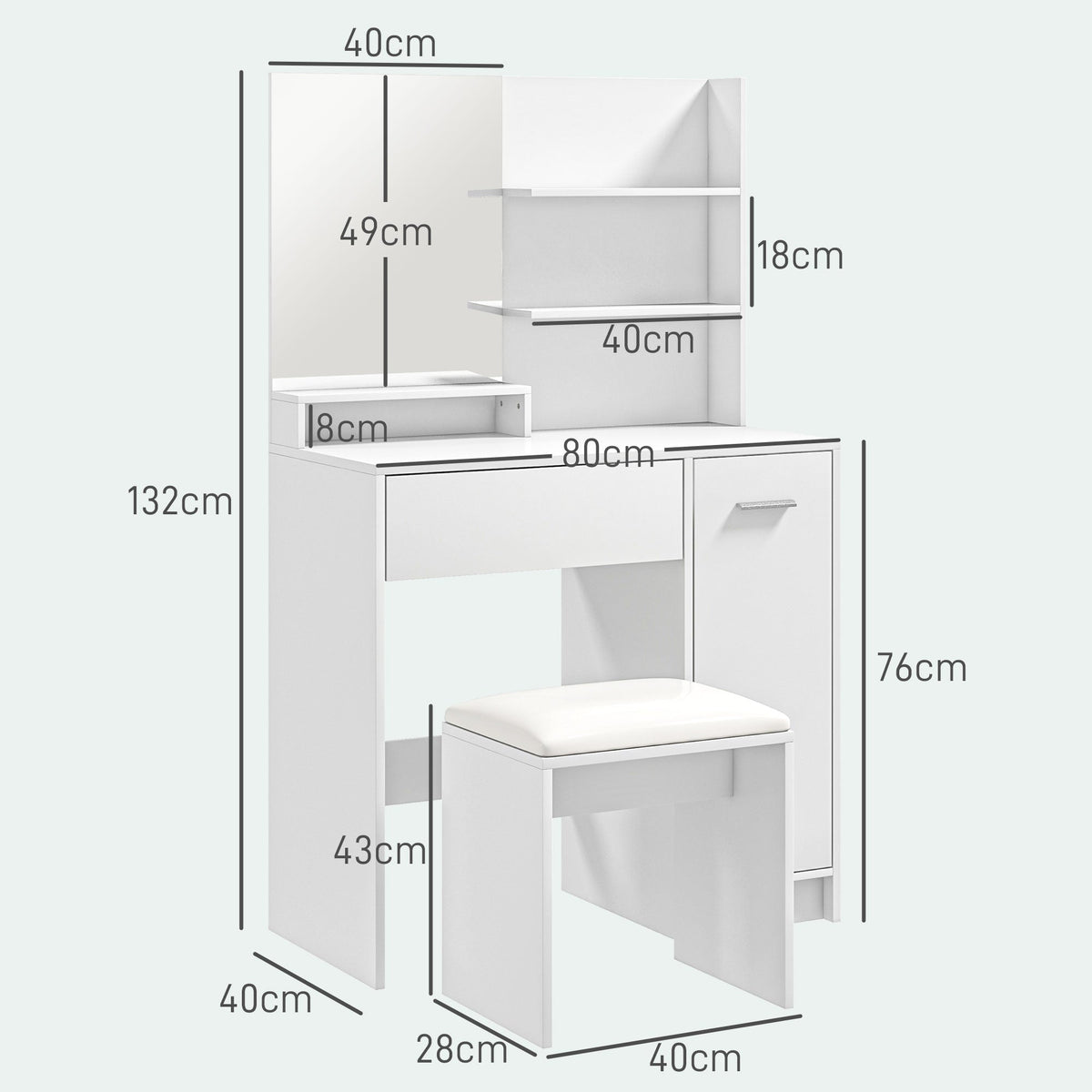 HOMCOM Dressing Table and Stool Set, with Storage - White