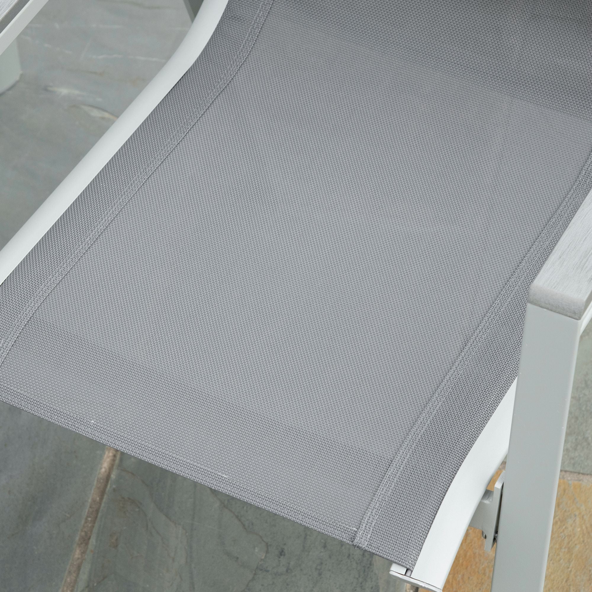 Outsunny 7 Pieces Garden Dining Set, Outdoor Table and 6 Armchairs, Aluminium Frame, Slatted Wood Grain Plastic Top Table, Breathable Mesh Fabric Seats and Backrest, Light Grey