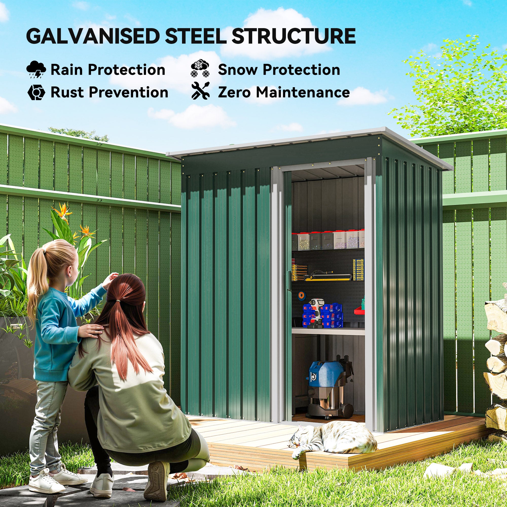Outsunny 5 x 3ft Garden Storage Shed with Sliding Door and Sloped Roof Outdoor Equipment Tool, Green