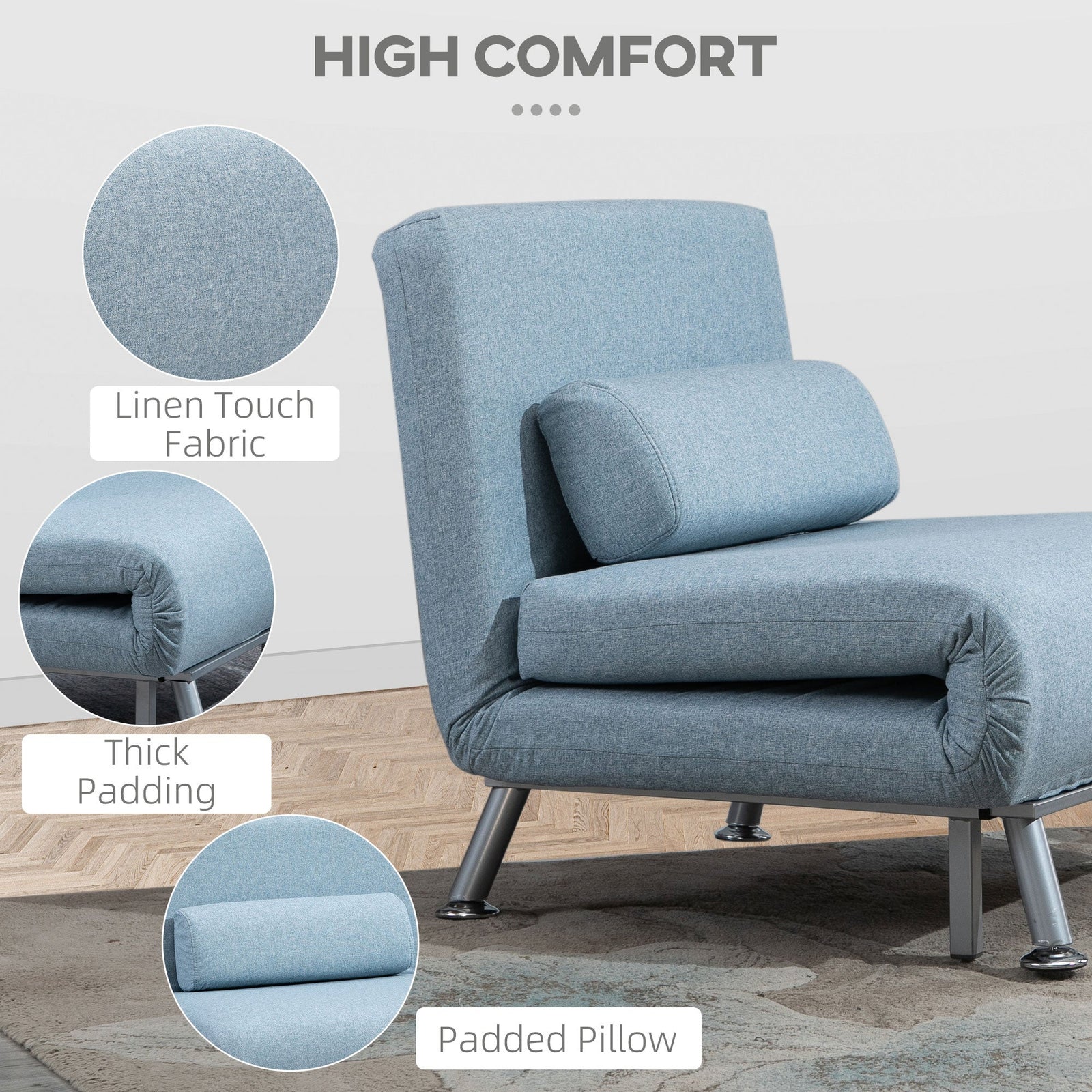 HOMCOM Single Sofa Chair Bed, Linen Fabric 3-in-1 Convertible Sleeper Chair with 5-Position Adjustable Backrest, 75cm Wide Seat, Pillow for Living Room, Bedroom, Sky Blue