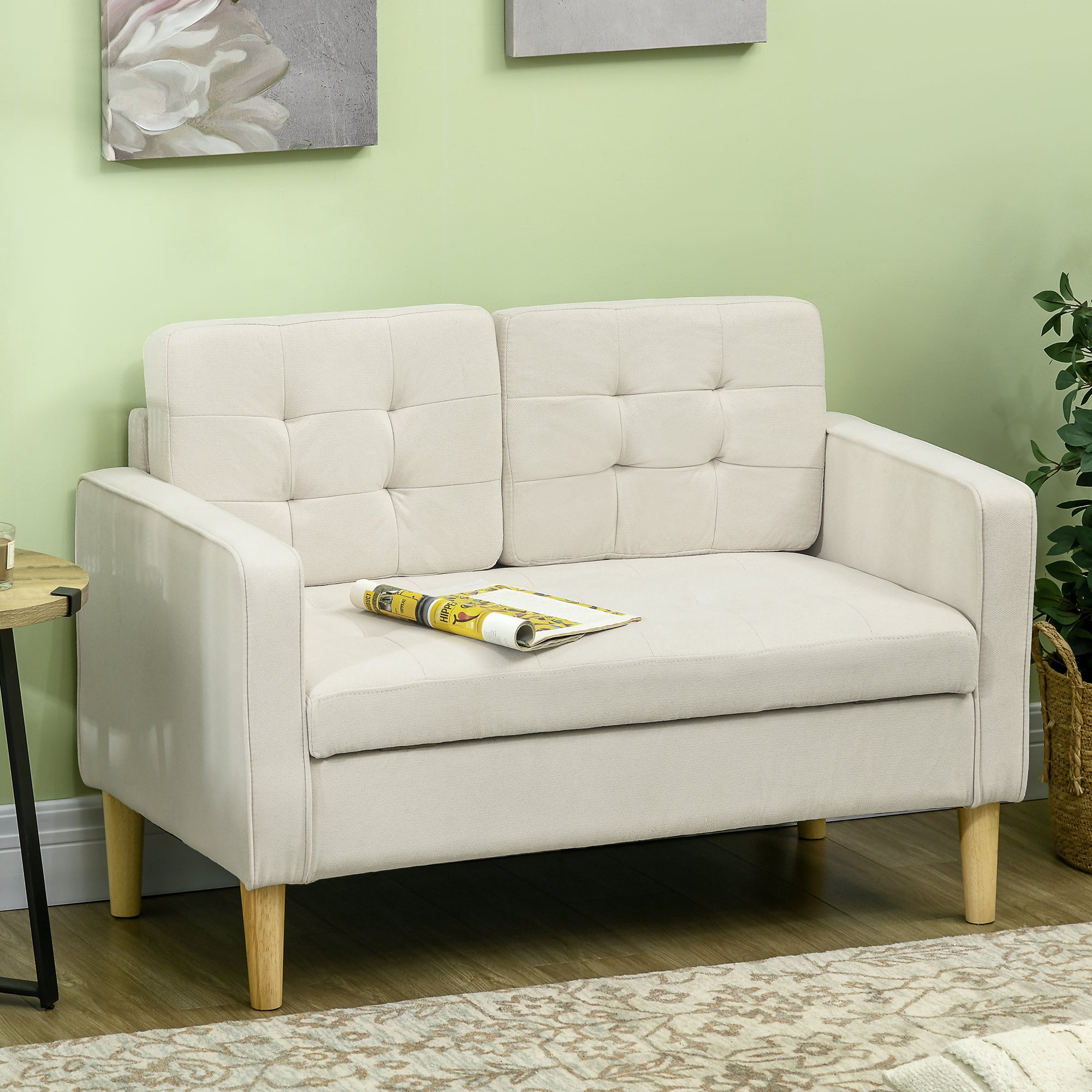 HOMCOM Modern Loveseat Sofa, Compact 2 Seater Sofa with Hidden Storage, 117cm Tufted Cotton Couch with Wood Legs, Cream White