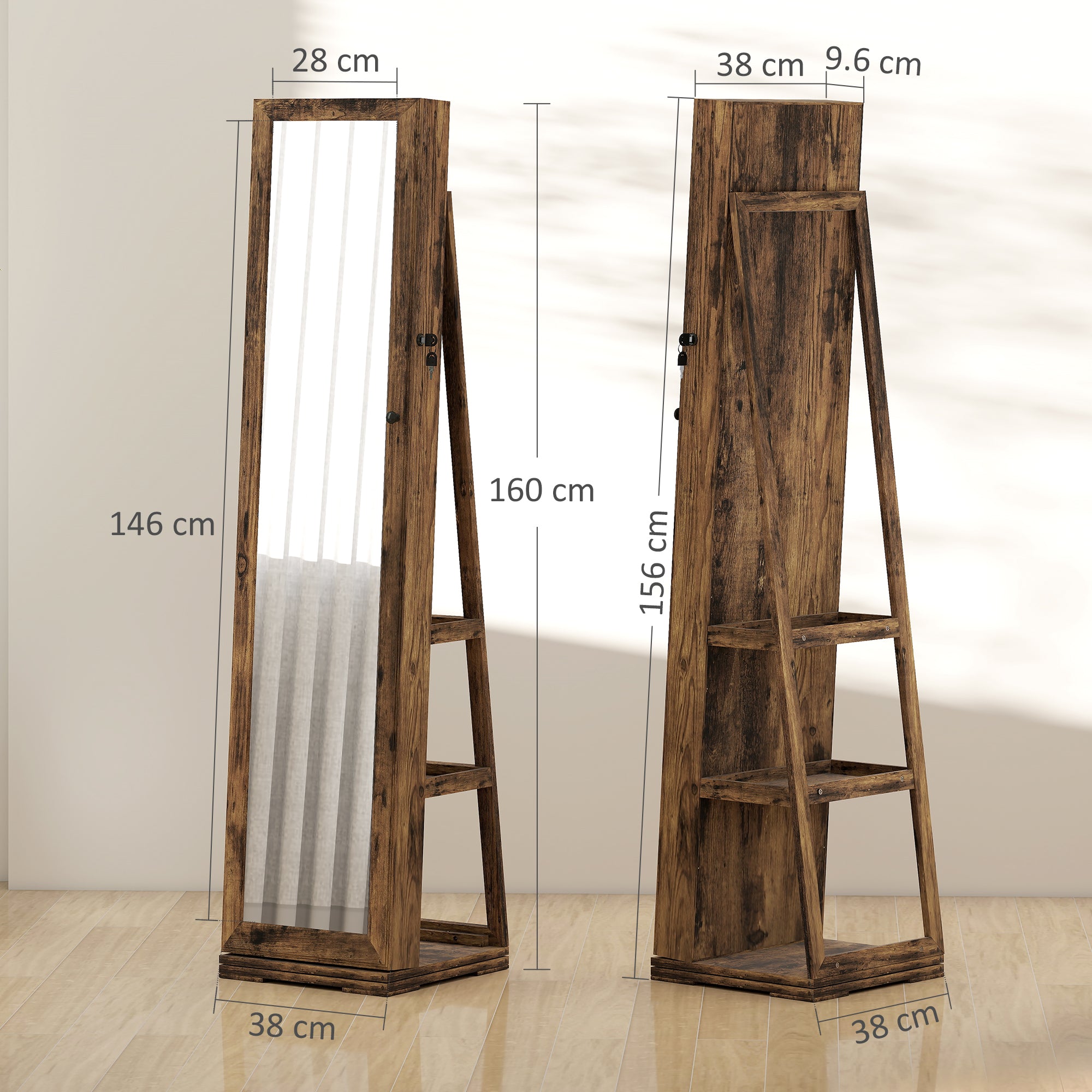 HOMCOM 360√Ç¬∞ Swivel Jewellery Cabinet, Free Standing Full Length Mirror with Storage, Lockable Jewellery Organiser with Built-in Makeup Mirror and Storage Shelves for Bedroom, Rustic Brown