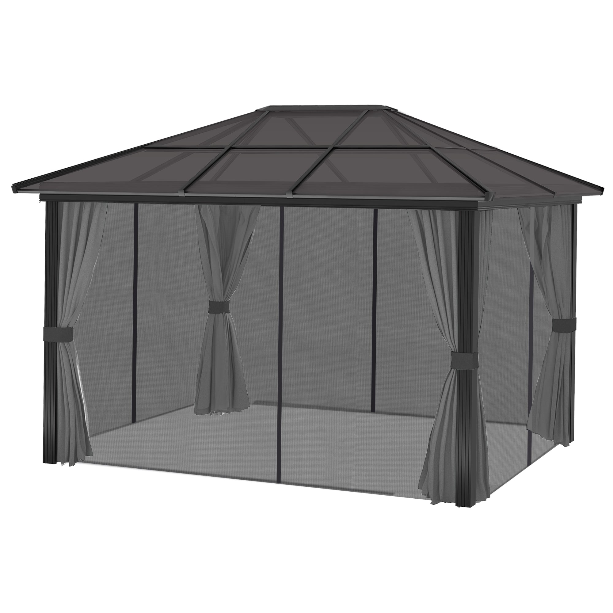 Outsunny 3 x 4m Hard Top Gazebo Garden Pavilion with Netting and Curtains, Polycarbonate Roof and Aluminium Frame