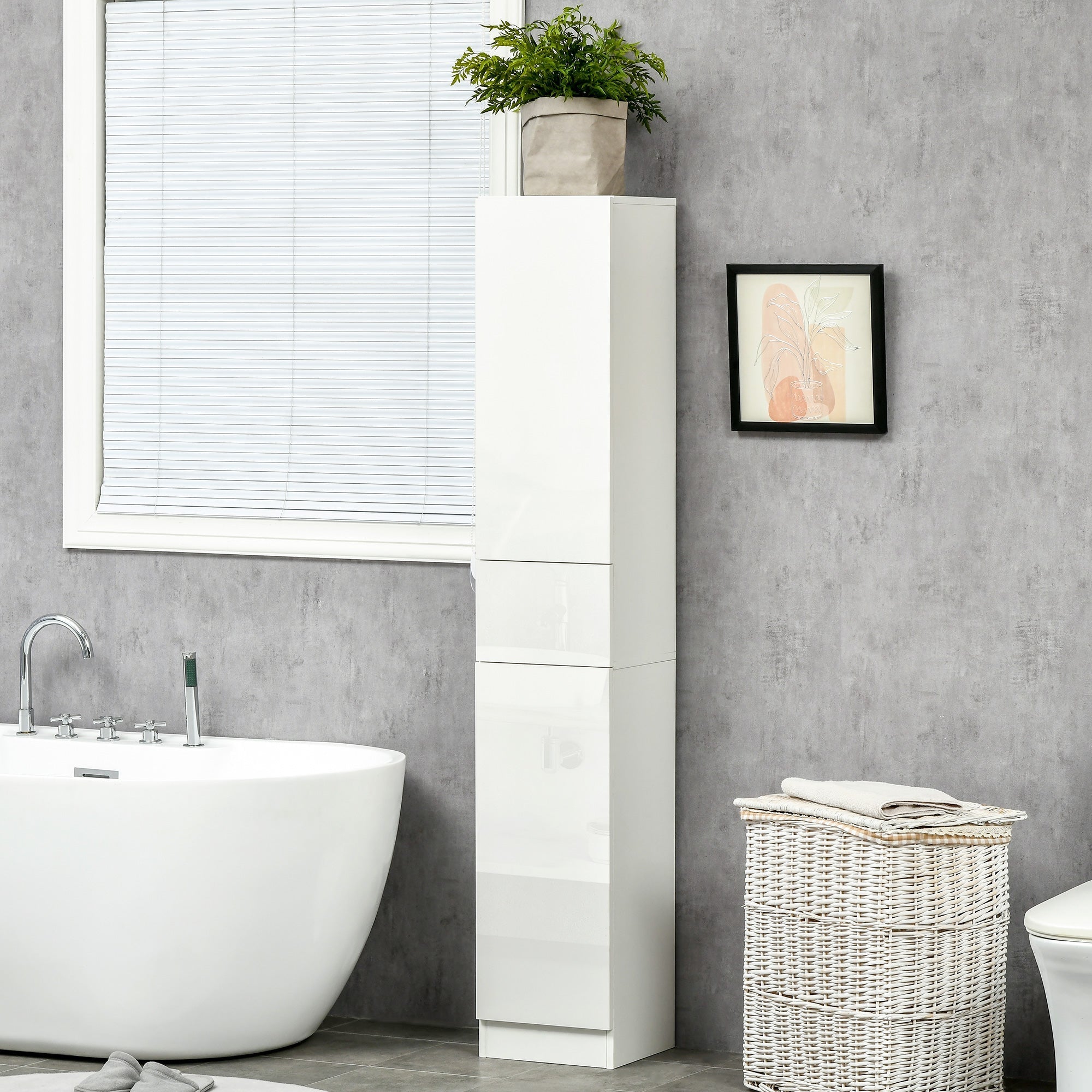 kleankin Luxury Tall Bathroom Cabinet with High Gloss Panel, Sleek White Bathroom Cabinet with Push-to-Open Door, White