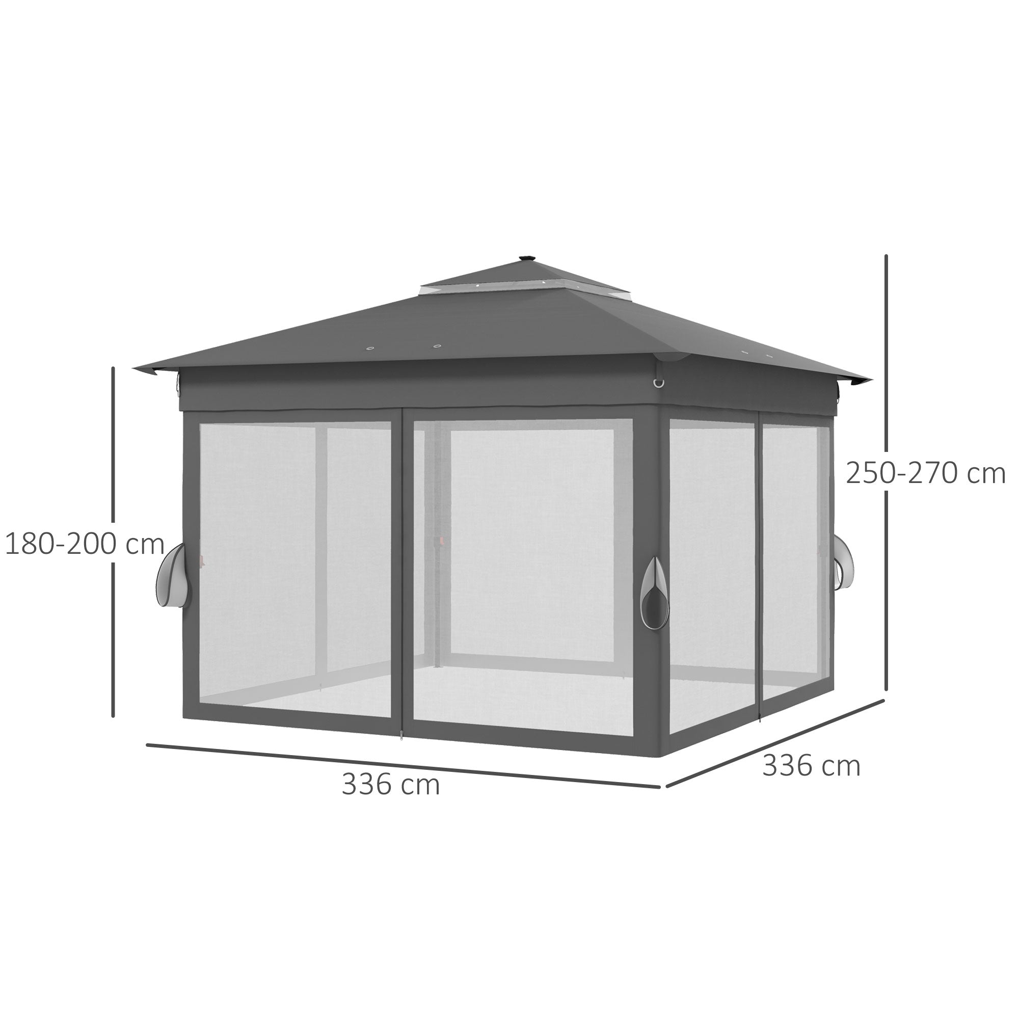 Outsunny 3.36 x 3.36m Pop Up Gazebo Party Tent with Solar-Powered LED Lights, Adjustable Event Shelter with Netting, Grey