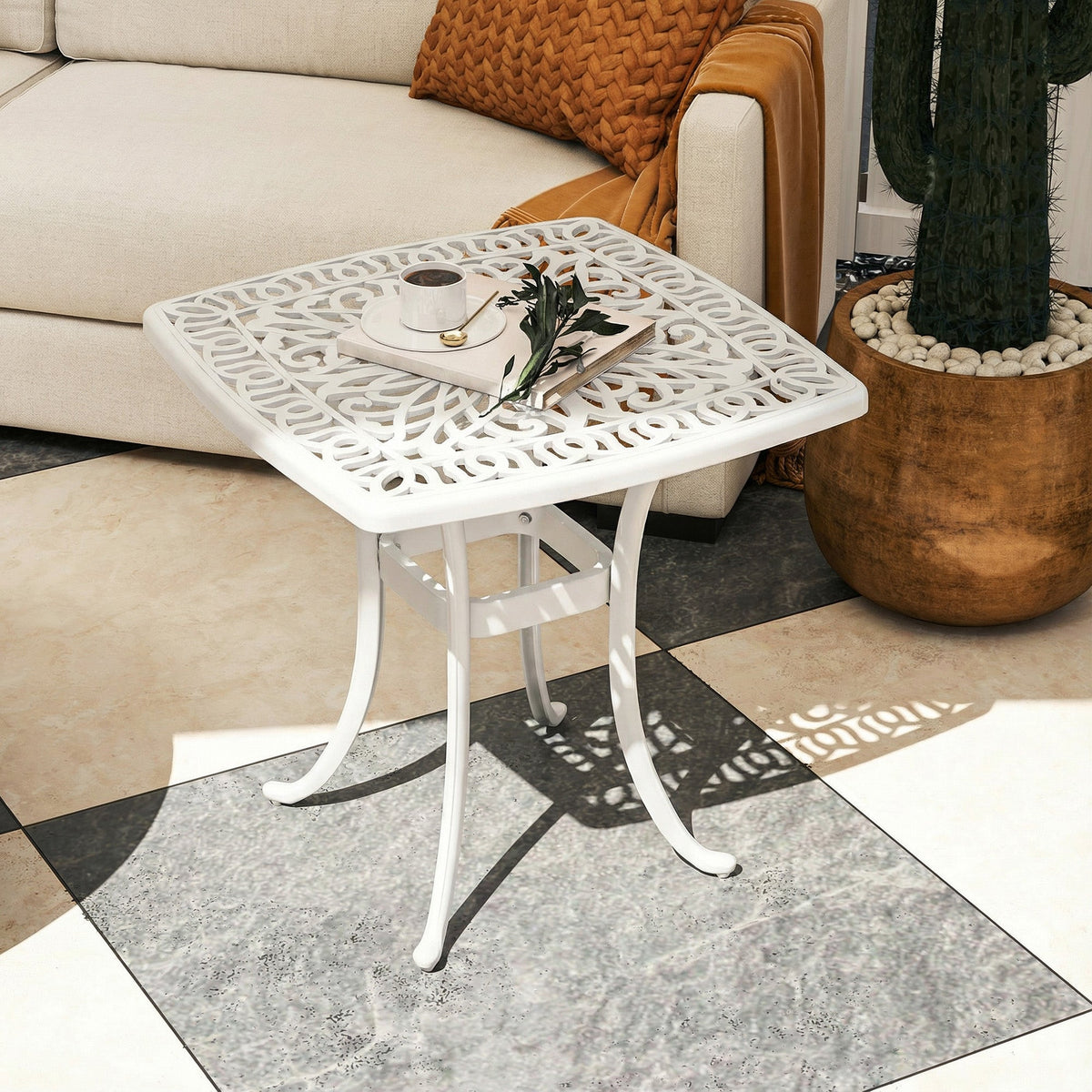 Outsunny Outdoor Garden Table with 38mm Dia. Umbrella Hole, Cast Aluminium Patio End Table with Anti-slip Foot Pads for Garden