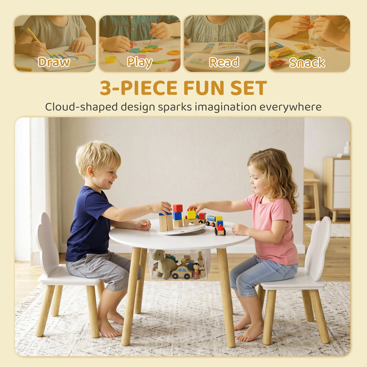 AIYAPLAY Kids Table and Chairs Set with Storage Bag Toddler Table and Chairs Set 3 Piece for Playroom White