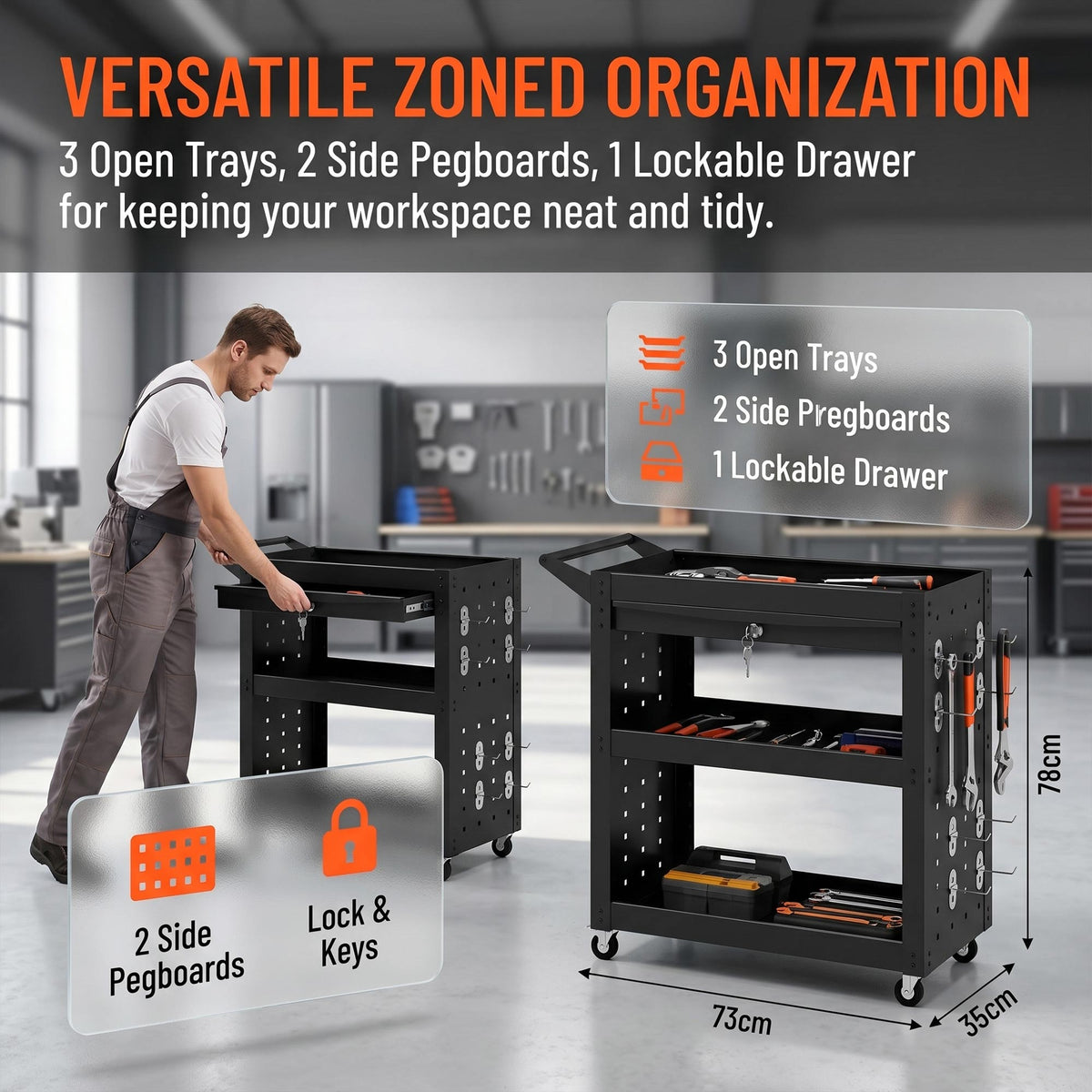 HOMCOM Tool Cart with Lockable Wheels, Rolling Workshop Cart with 3-Tier Trays, Drawer, Pegboards, Black - product image 4