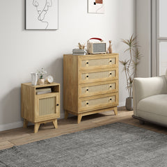 HOMCOM Chest of Drawer with 4 Rattan Drawers, Beside Table with Door, Natural